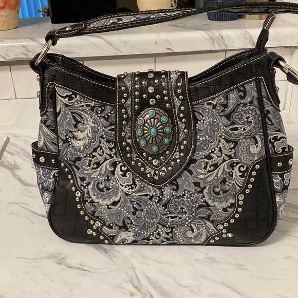 Fabric grey & black MontanaWest shoulder bag w/ exterior side pockets; UNIQUE! - Picture 1 of 5
